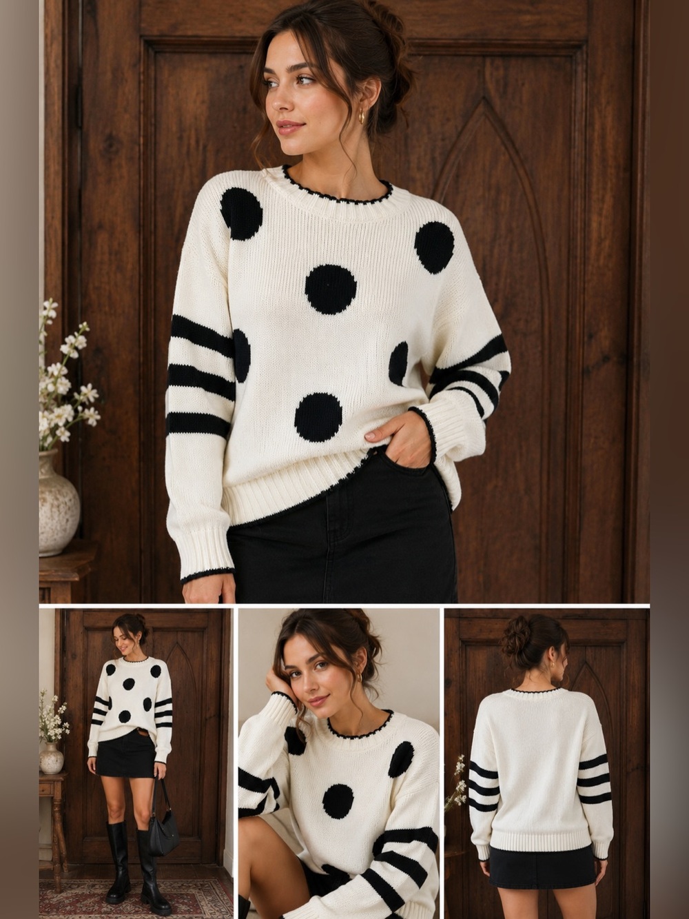 Vintage 90s Liz Claiborne Polka Dot Sweater Chunky Cotton Knit Black Cream